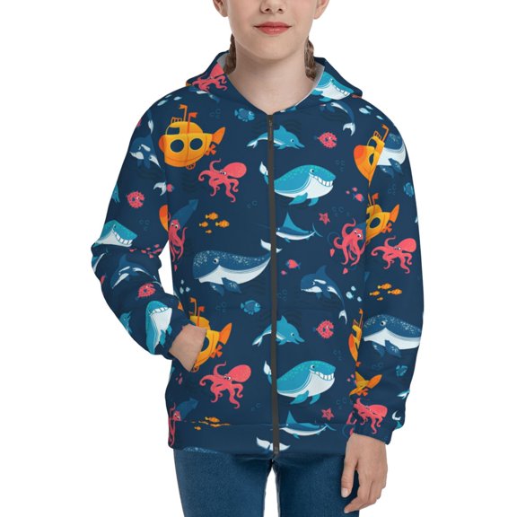 Kdxio Ocean Floor Animals Pattern Kids Boys Girls Zip Up Hoodie 3D Printed Hooded Sweatshirt Hoody Coat with Pocket 7-12 Y-Small