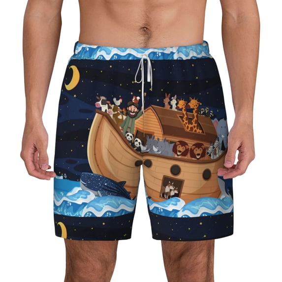 Kdxio Ocean Scene With Noah'S Ark Print Men'S Swim Trunks With Compression Liner 7 Inch Inseam Quick Dry Swim Shorts