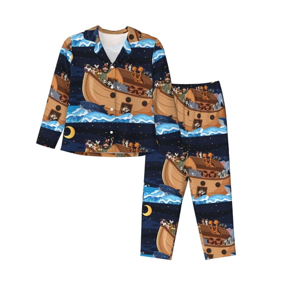 Kdxio Ocean Scene with Noah's Ark Women's Pajama Sets Long Sleeve Button Down Sleepwear Nightwear Soft Pjs Lounge Sets-XX-Large