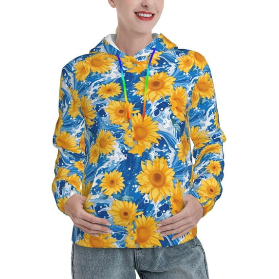 Kdxio Ocean Wave Sunflower Print Womens Oversized Hoodies Sweatshirts Hooded Pullover Tops Sweaters Casual-Large