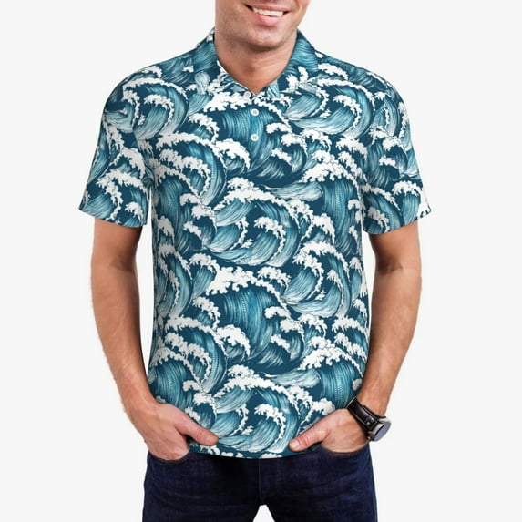 Kdxio Ocean Waves Print Men's Short Sleeve Polo Shirt,Midweight Men's Shirt-XX-Large