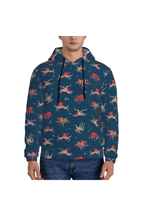 Octopus Sea Life Print Mens Casual Hooded Collar Drawstring Hoodies Pullover Sweatshirts Casual Long Sleeve Shirts-Large