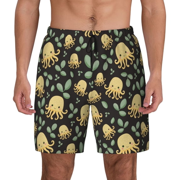 Kdxio Octopuses And Leaves Print Men's Swim Trunks with Compression Liner 7 Inch Inseam Quick Dry Swim Shorts