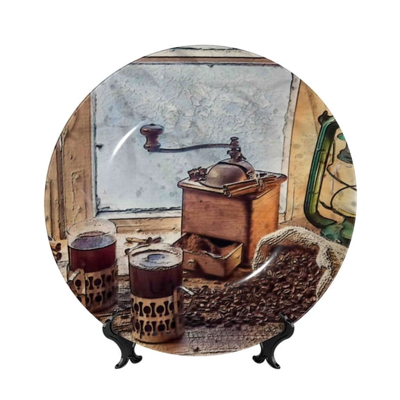 Kdxio Oil Lamp Coffee Beans Bone China Decorative Plate Ceramic Decorative Plate for Home Office Wall Stand Decorative Plates for Home Bedroom-7in