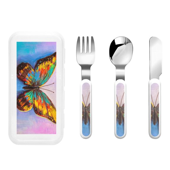 Kdxio Oil Painting Beautiful Butterfly Toddler Utensils Set - Kids Silverware Set, Set Kids Utensils Set with Case for Preschooler Children
