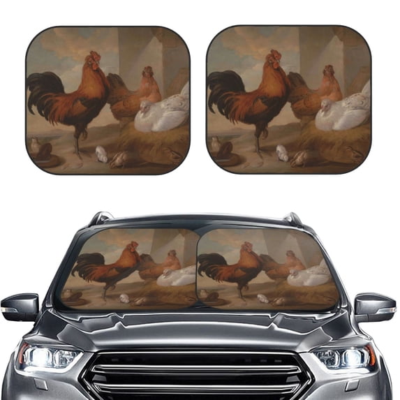 Kdxio Oil Painting Chicken And Duck Print 2-Piece Sun Shade Front Windshield - Foldable Car Front Window Sunshades For Most Sedans Suv Truck