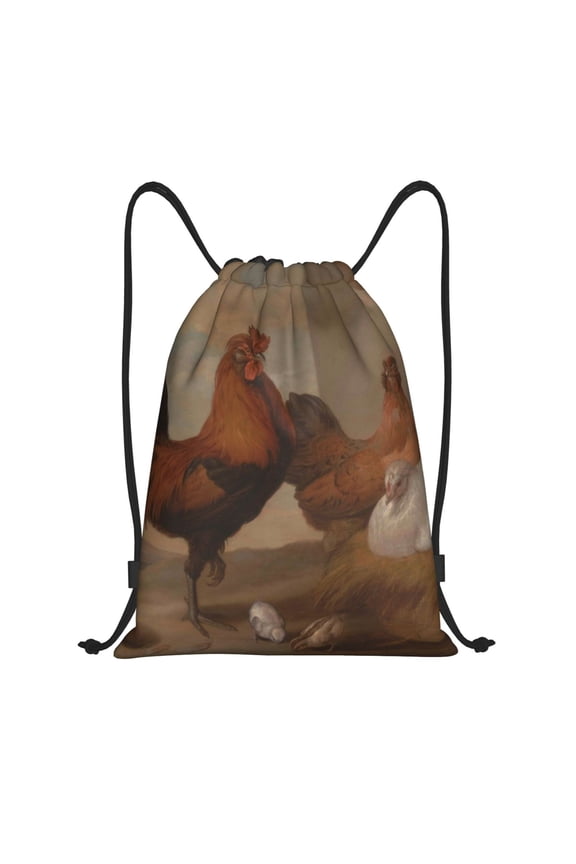 Oil Painting Chicken And Duck Print Drawstring Backpack Bag,Waterproof Draw String Back Sack, Gym Drawstring Bags Swim Bag For Unisex