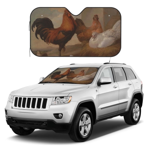 Kdxio Oil Painting Chicken And Duck Print Windshield Sun Shade, Foldable Sun Blocker for Car,Truck,SUV Automotive Interior Sun Protection,Reflective Shade for Front Windshield(Medium)