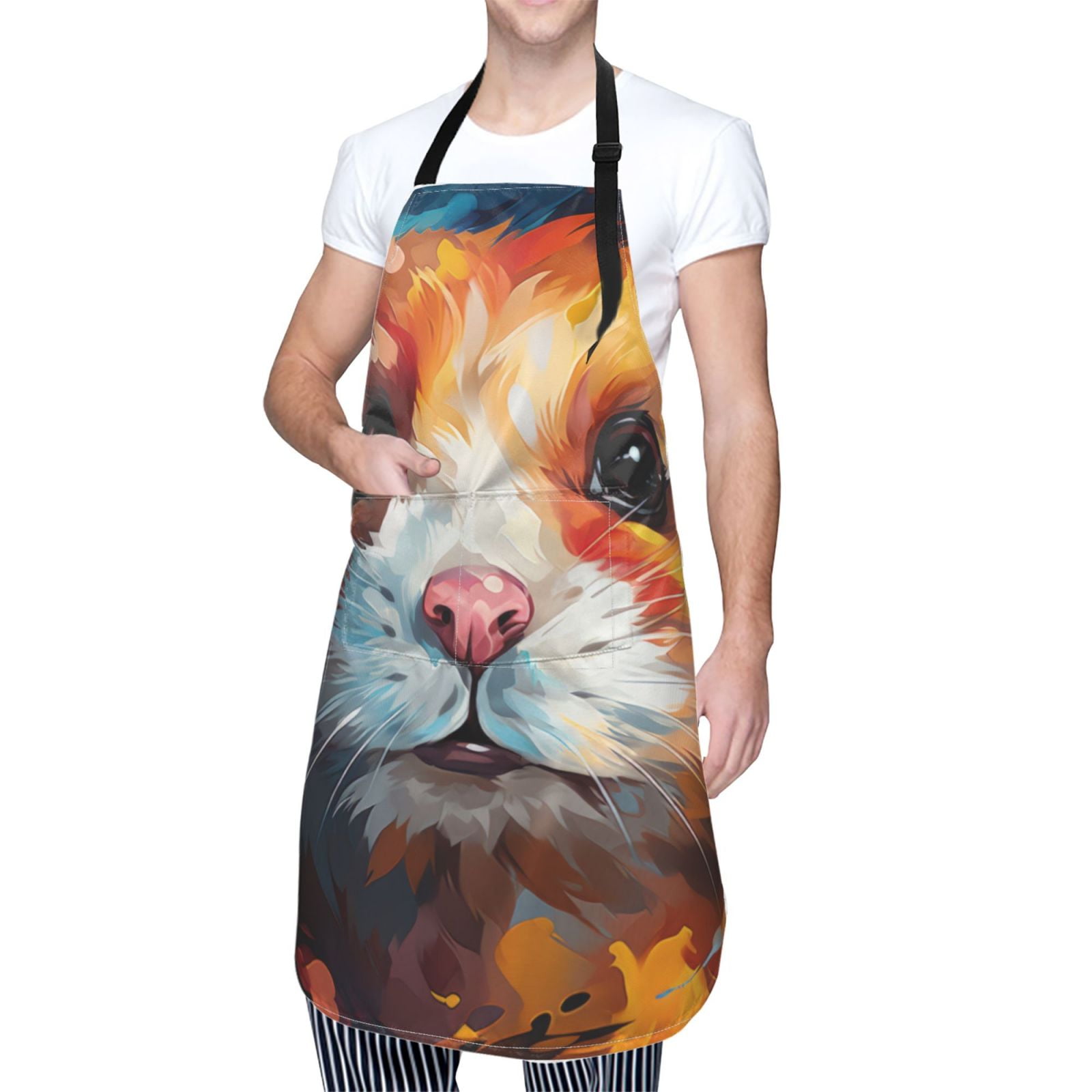 Kdxio Oil Painting Colorful Hamster Apron with Pockets Adjustable Kitchen Aprons for Men Women Waterproof Aprons for Cooking,Drawing,Crafting, Baking Household Cleaning