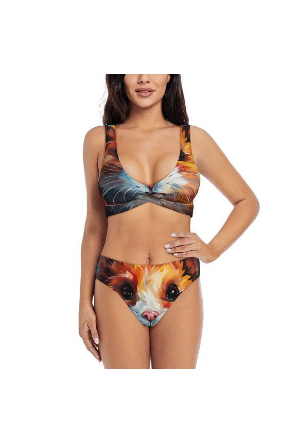 Oil Painting Colorful Hamster Print Women's 2 Piece High Waisted Wrap Spaghetti Strap Summer Swimsuit Bikini Set-Small