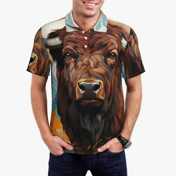 Kdxio Oil Painting Style Iceberg Yak Print Men's Short Sleeve Polo Shirt,Midweight Men's Shirt