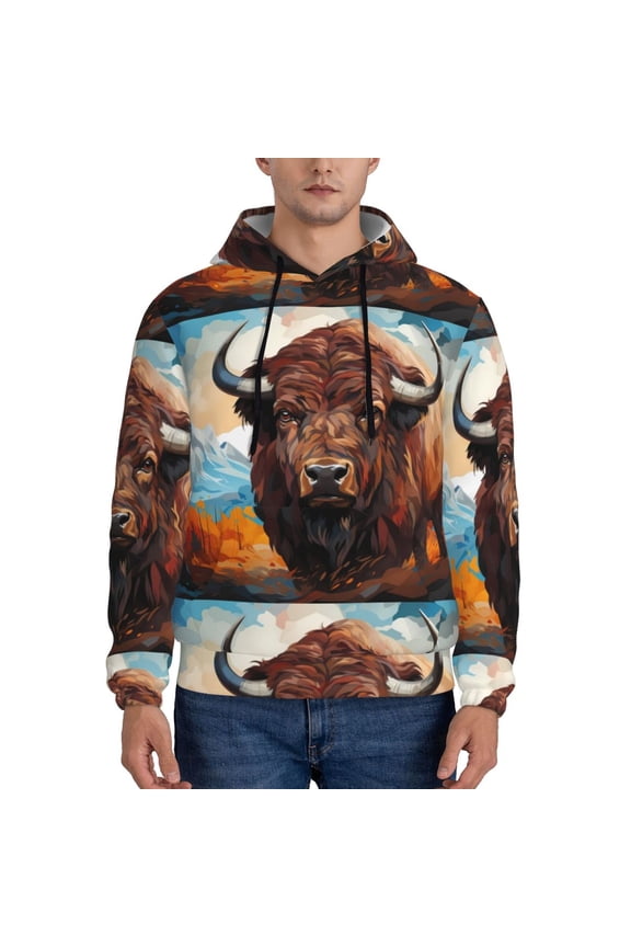 Oil Painting Style Iceberg Yak Print Mens Casual Hooded Collar Drawstring Hoodies Pullover Sweatshirts Casual Long Sleeve Shirts-Small