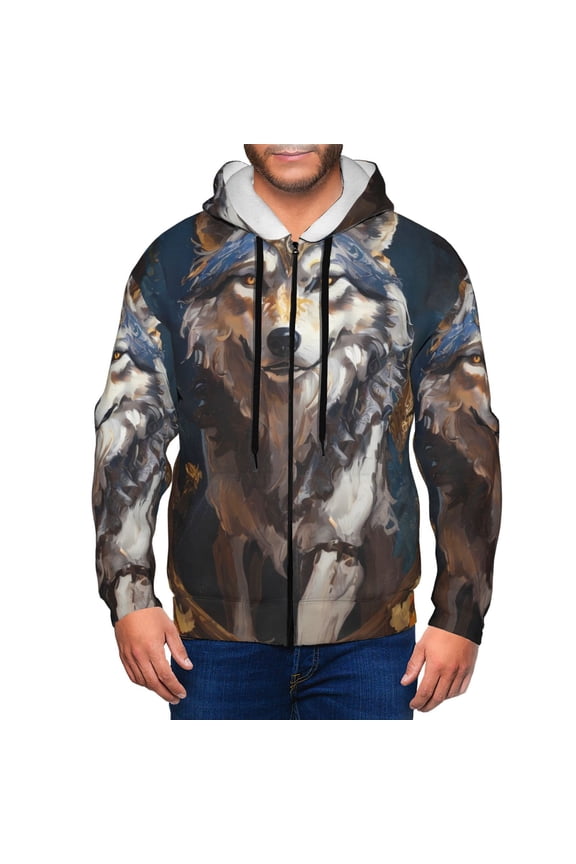 Oil Painting Tribal Wolf Print Men Hoodies Casual Hoodies for Men with Zip Pockets Full Zip Long Sleeve Sweatshirt Sports Hooded Jacket-Medium