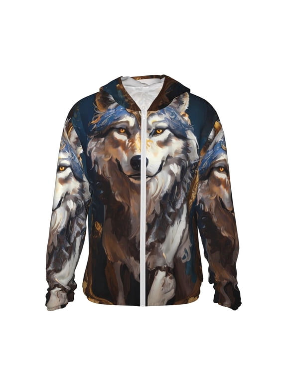 Oil Painting Tribal Wolf Print Women Men Sun Protection UPF 50+ Jackets Zip Up Long Sleeve Hoodie Hiking Lightweight with Pockets