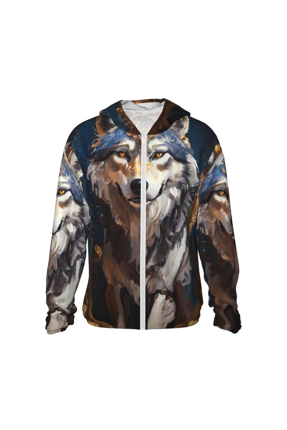 Oil Painting Tribal Wolf Print Women Men Sun Protection UPF 50+ Jackets Zip Up Long Sleeve Hoodie Hiking Lightweight with Pockets