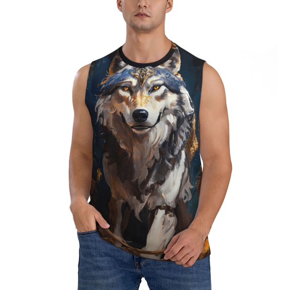 Kdxio Oil Painting Tribal Wolf for Men's Muscle T-shirt,Sleeveless for Workout Running Athletic Gym Lounge Casual