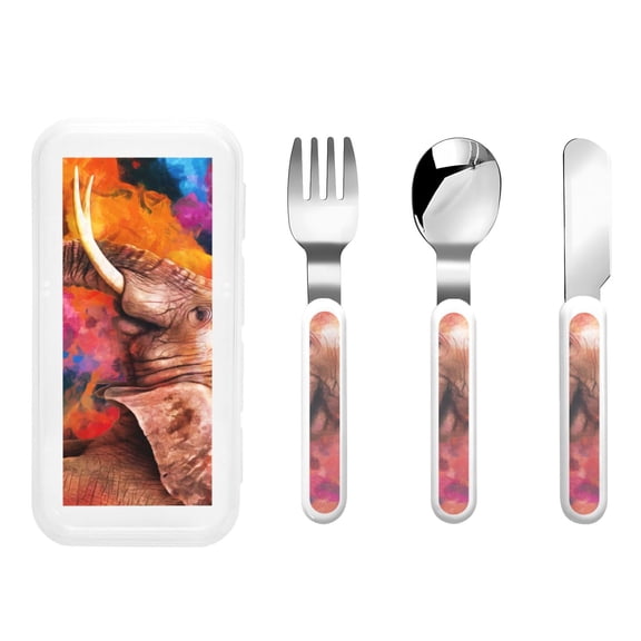 Kdxio Oil Paintings of Elephants Toddler Utensils Set - Kids Silverware Set, Set Kids Utensils Set with Case for Preschooler Children
