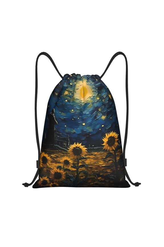 Oil Starry Sky Sunflower Print Drawstring Backpack Bag,Waterproof Draw String Back Sack, Gym Drawstring Bags Swim Bag For Unisex
