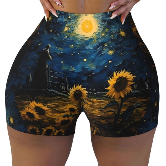 Kdxio Oil Starry Sky Sunflower Print Workout Shorts for Women Seamless Soft Smooth Gym Yoga Scrunch Active Shorts