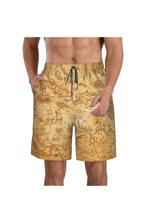 Old Vintage Map Of Sea Pattern Mens Casual Shorts - Drawstring Summer Beach Sports Shorts for Men