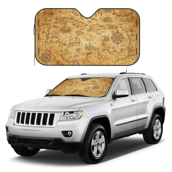 Kdxio Old Vintage Map Of Sea Print Windshield Sun Shade, Foldable Sun Blocker for Car,Truck,SUV Automotive Interior Sun Protection,Reflective Shade for Front Windshield(Small)