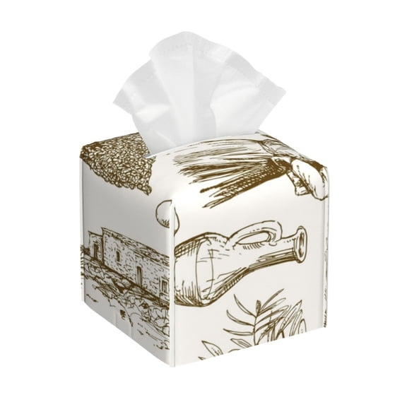 Kdxio Olive Picking Print Tissue Box Cover,Square Decorative PU Leather Facial Paper Case Organizer Holder Dispenser for Bathroom,Night Stands,Desk,Car 5.2''X5.2''X5.2''