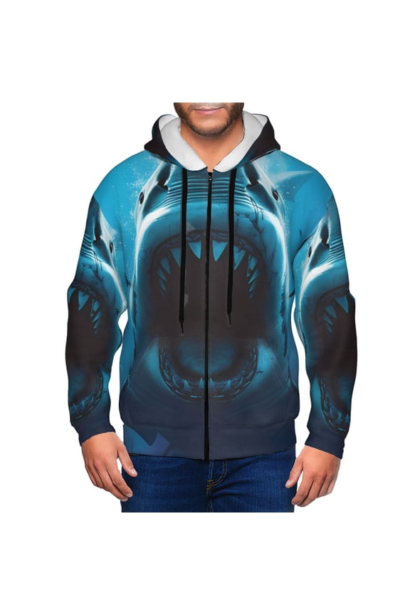 Open-Mouthed Shark Print Men Hoodies Casual Hoodies for Men with Zip Pockets Full Zip Long Sleeve Sweatshirt Sports Hooded Jacket-3X-Large