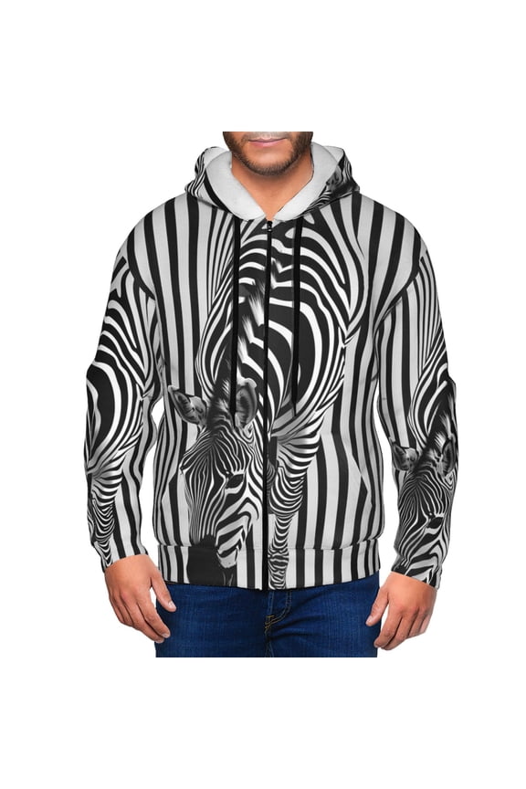 Optical Zebra Illusion Print Men Hoodies Casual Hoodies for Men with Zip Pockets Full Zip Long Sleeve Sweatshirt Sports Hooded Jacket-Small