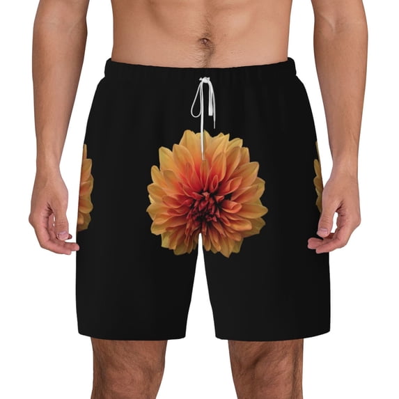 Kdxio Orange Dalia Print Men'S Swim Trunks With Compression Liner 7 Inch Inseam Quick Dry Swim Shorts