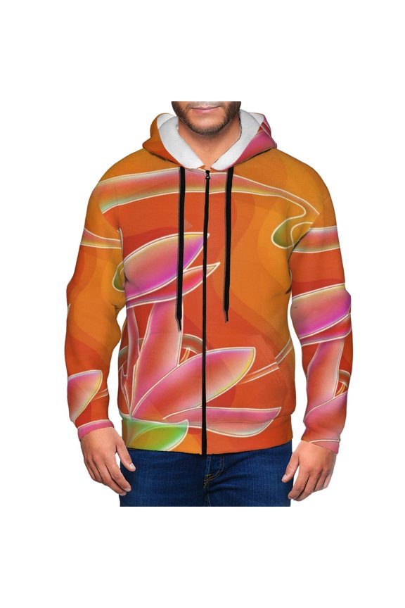 Orange Flower Psychedelic Print Men Hoodies Casual Hoodies for Men with Zip Pockets Full Zip Long Sleeve Sweatshirt Sports Hooded Jacket-Medium