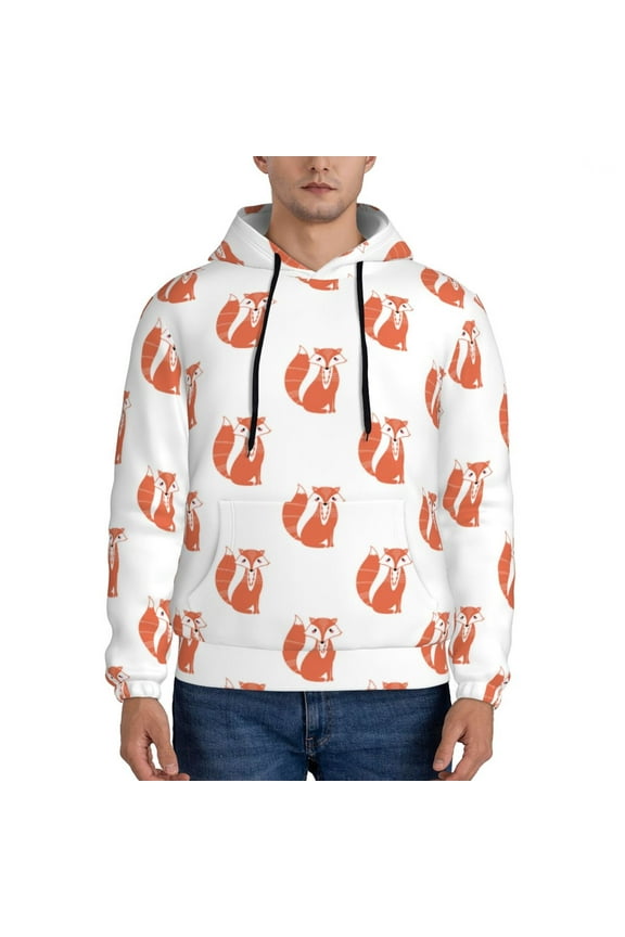 Orange Fox Print Mens Casual Hooded Collar Drawstring Hoodies Pullover Sweatshirts Casual Long Sleeve Shirts-Large