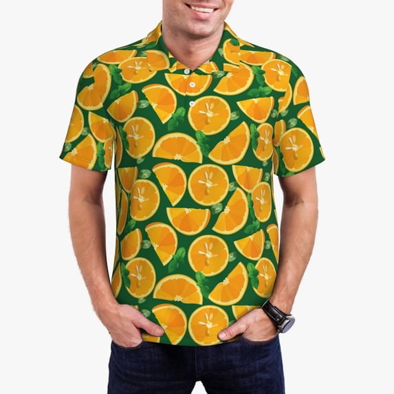 Kdxio Orange Lemon Print Men's Short Sleeve Polo Shirt,Midweight Men's Shirt