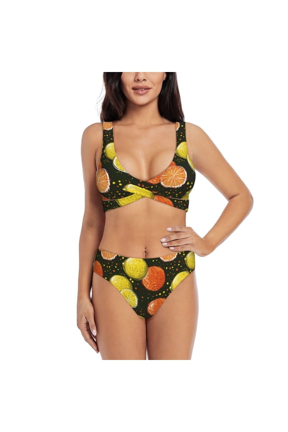 Orange Lemon Print Women's 2 Piece High Waisted Wrap Spaghetti Strap Summer Swimsuit Bikini Set-Small
