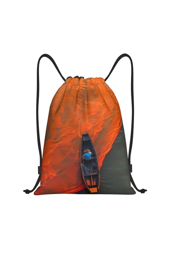 Orange Net Fishing Boat Print Drawstring Backpack Bag,Waterproof Draw String Back Sack, Gym Drawstring Bags Swim Bag For Unisex