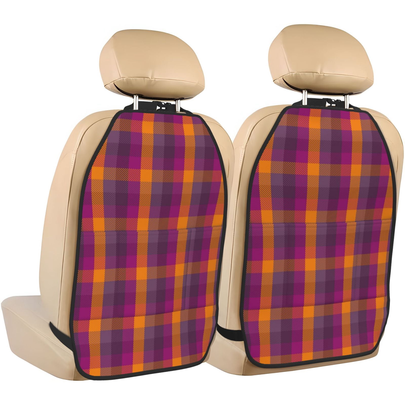 Kdxio Orange and Purple Plaid Print 2 Pack Car Kick Mat Seat Cover Back Protector Mat with Pockets for Organizer Backseat Protector and Storage Anti Kick Pad for Vehicles