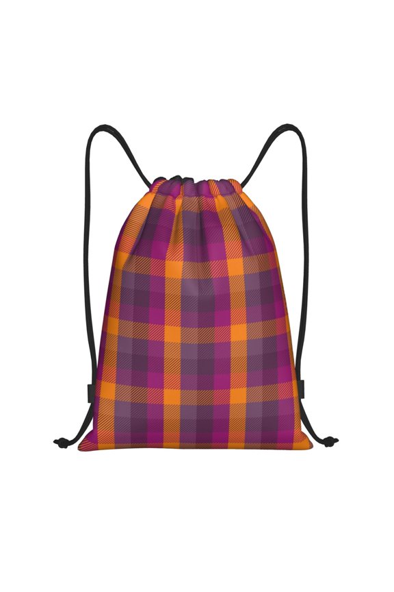 Orange and Purple Plaid Print Drawstring Backpack Bag,Waterproof Draw String Back Sack, Gym Drawstring Bags Swim Bag For Unisex