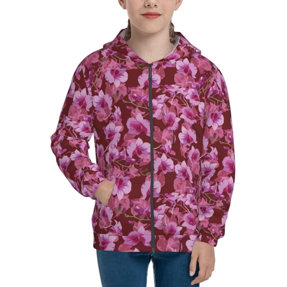 Kdxio Orchids Flowers Pattern Kids Boys Girls Zip Up Hoodie 3D Printed Hooded Sweatshirt Hoody Coat with Pocket 7-12 Y-Small