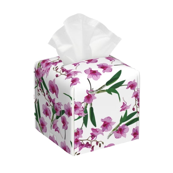 Kdxio Orchids Flowers Print Tissue Box Cover,Square Decorative PU Leather Facial Paper Case Organizer Holder Dispenser for Bathroom,Night Stands,Desk,Car 5.2''X5.2''X5.2''
