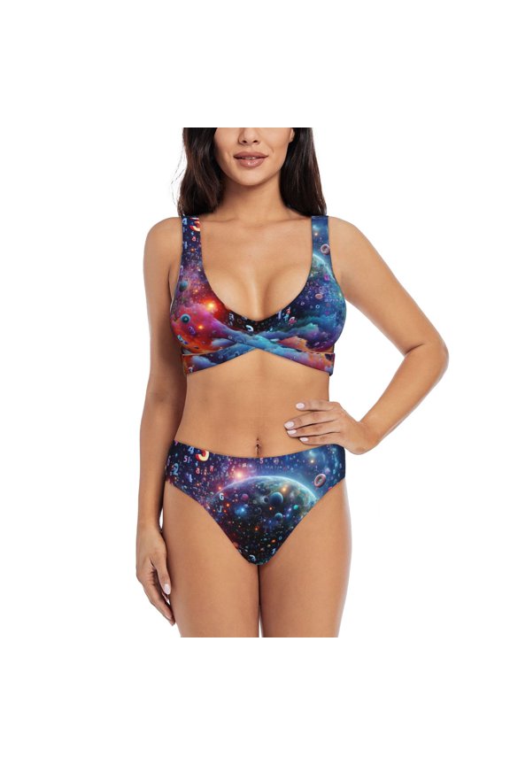 Outer Space Floating Numbers And Letters Print Women's 2 Piece High Waisted Wrap Spaghetti Strap Summer Swimsuit Bikini Set-Small