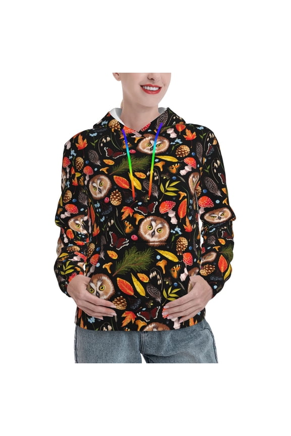 Owl And Leaves Print Womens Oversized Hoodies Sweatshirts Hooded Pullover Tops Sweaters Casual-Small
