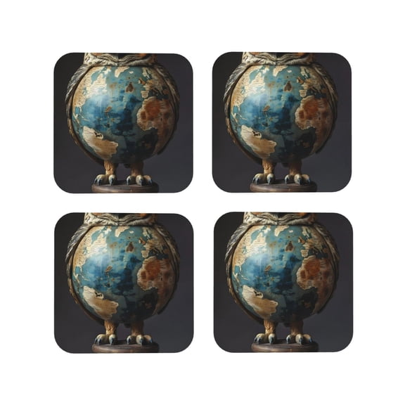 Kdxio Owl Globe Sculpture Funny Coasters,4 Pcs Leather Coasters,Housewarming Gifts,Protect Furniture from Water Marks Scratch and Damage