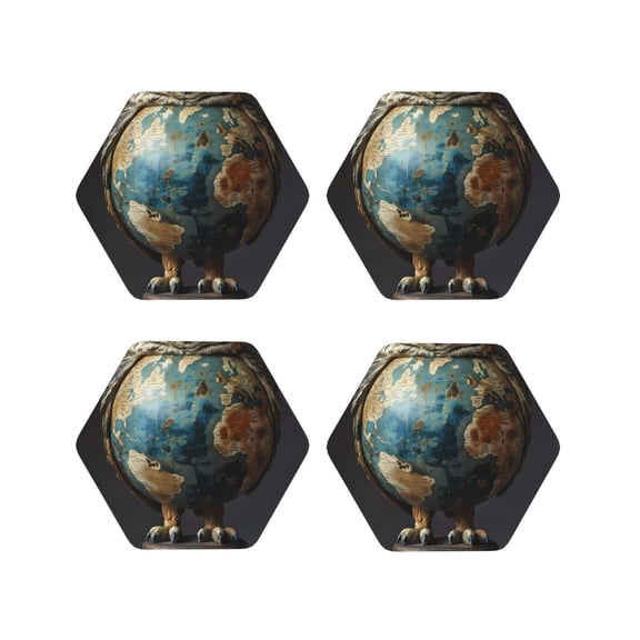 Kdxio Owl Globe Sculpture Funny Coasters,4 Pcs Leather Coasters,Housewarming Gifts,Protect Furniture from Water Marks Scratch and Damage