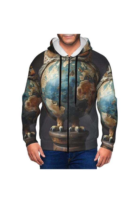 Owl Globe Sculpture Print Men Hoodies Casual Hoodies for Men with Zip Pockets Full Zip Long Sleeve Sweatshirt Sports Hooded Jacket-Small