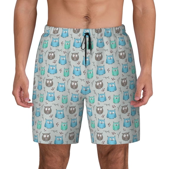Kdxio Owl Print Men'S Swim Trunks With Compression Liner 7 Inch Inseam Quick Dry Swim Shorts