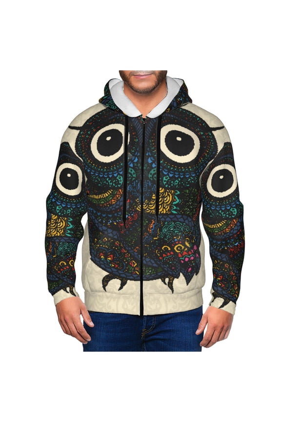 Owl with Mandala Print Men Hoodies Casual Hoodies for Men with Zip Pockets Full Zip Long Sleeve Sweatshirt Sports Hooded Jacket-Large