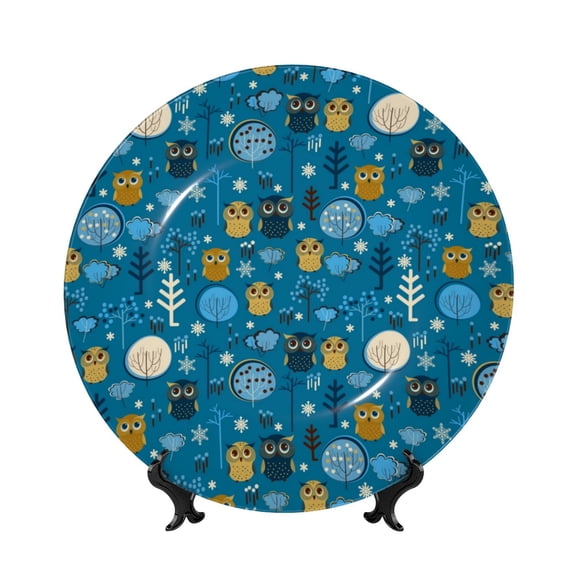 Kdxio Owls And Trees Bone China Decorative Plate Ceramic Decorative Plate for Home Office Wall Stand Decorative Plates for Home Bedroom-7in