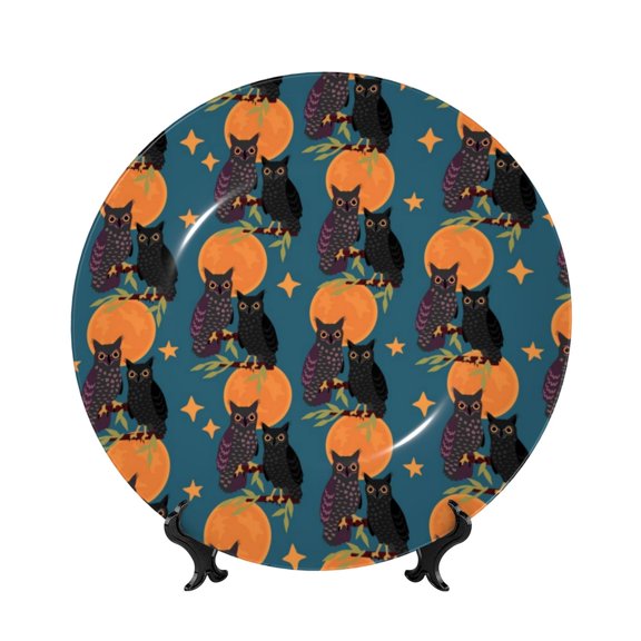 Kdxio Owls In Cartoon Style Bone China Decorative Plate Ceramic Decorative Plate for Home Office Wall Stand Decorative Plates for Home Bedroom-8in