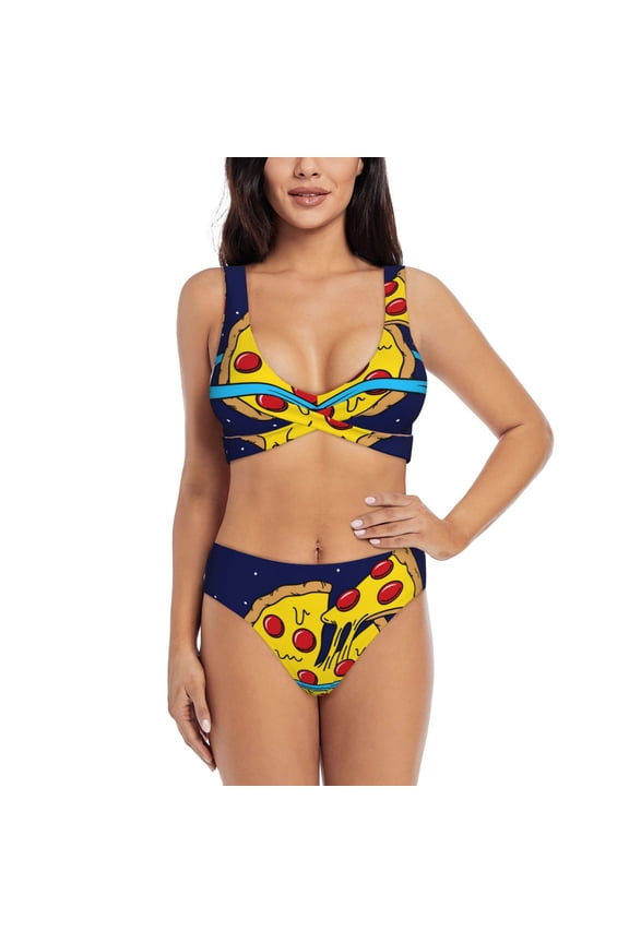 PLANETA EN FORMA DE PIZZA Print Women's 2 Piece High Waisted Wrap Spaghetti Strap Summer Swimsuit Bikini Set-Small
