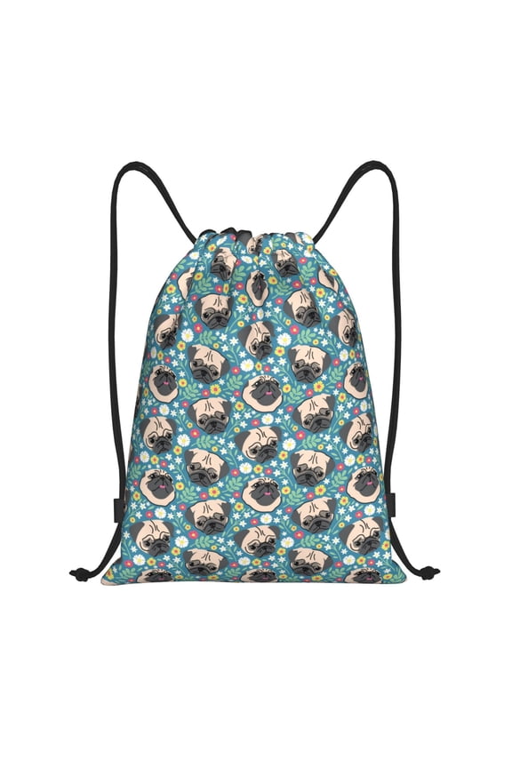 PUG HEAD And Flower Print Drawstring Backpack Bag,Waterproof Draw String Back Sack, Gym Drawstring Bags Swim Bag For Unisex