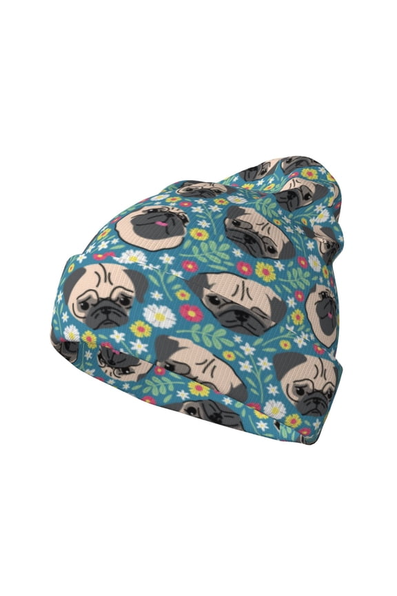 PUG HEAD And Flower Winter Beanie for Men Women Beanie Knit Hat Cuffed Cap Beanie Knit Chunky Snow Cap